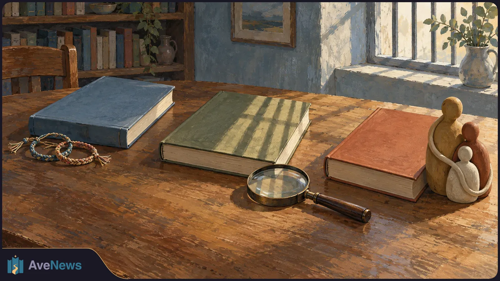A painted study with three closed books on a wooden table, braided bracelets, a magnifying glass and a small sculpture of three figures. Bookshelves and a sunlit window are behind them. SI illustration