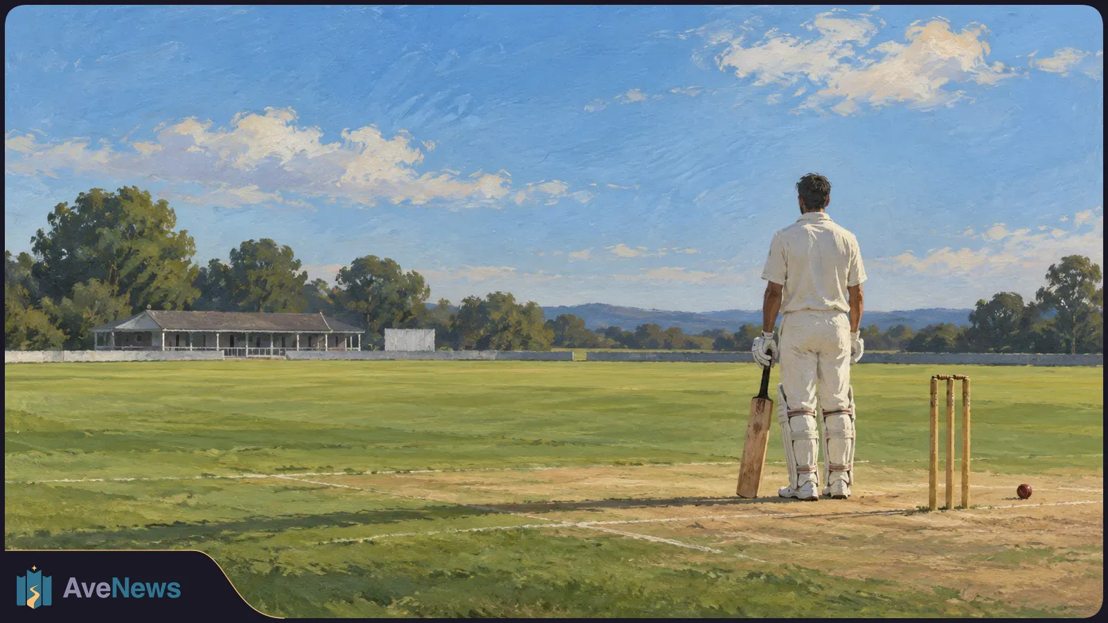 A painted scene of a cricketer seen from behind, holding a bat beside the stumps on a grassy field, with trees and a pavilion in the distance. SI illustration