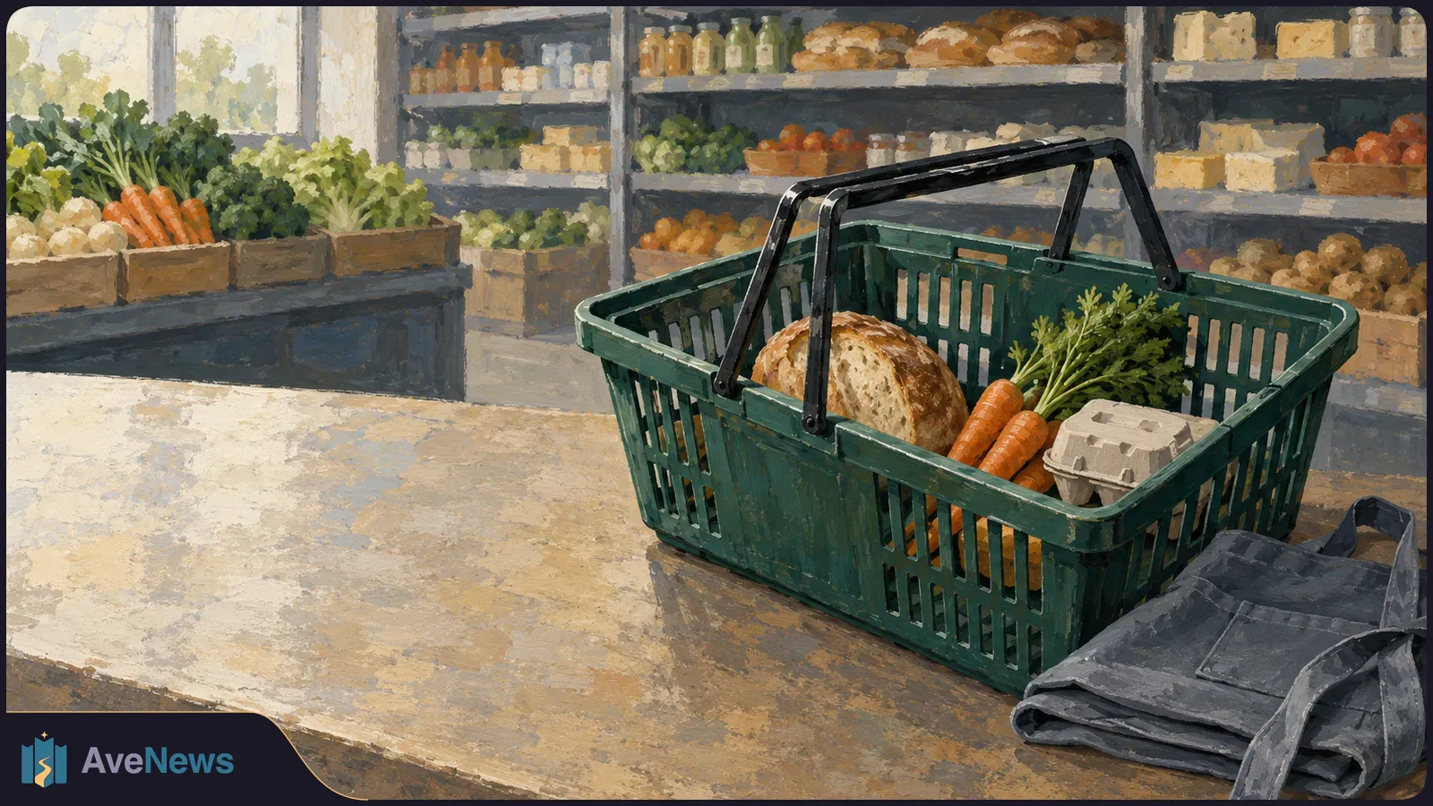 Painterly illustration of a green shopping basket holding bread, carrots and an egg carton on a store counter, with a folded reusable bag beside it and produce shelves behind. SI illustration