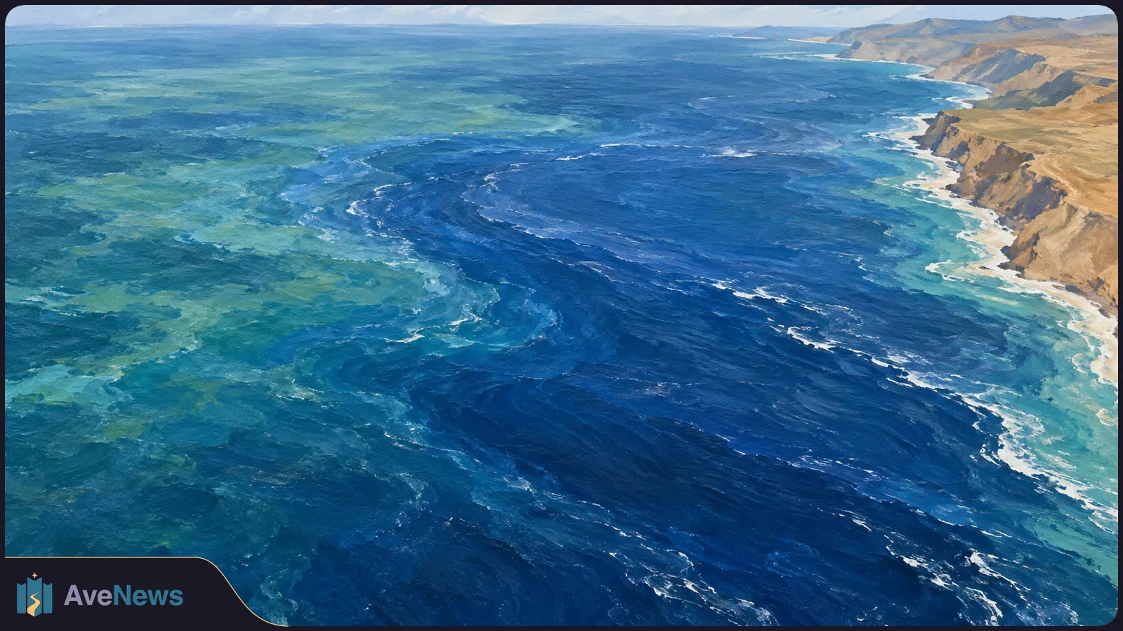 Painted aerial view of swirling blue and turquoise ocean water beside a rugged, tan coastline. SI illustration