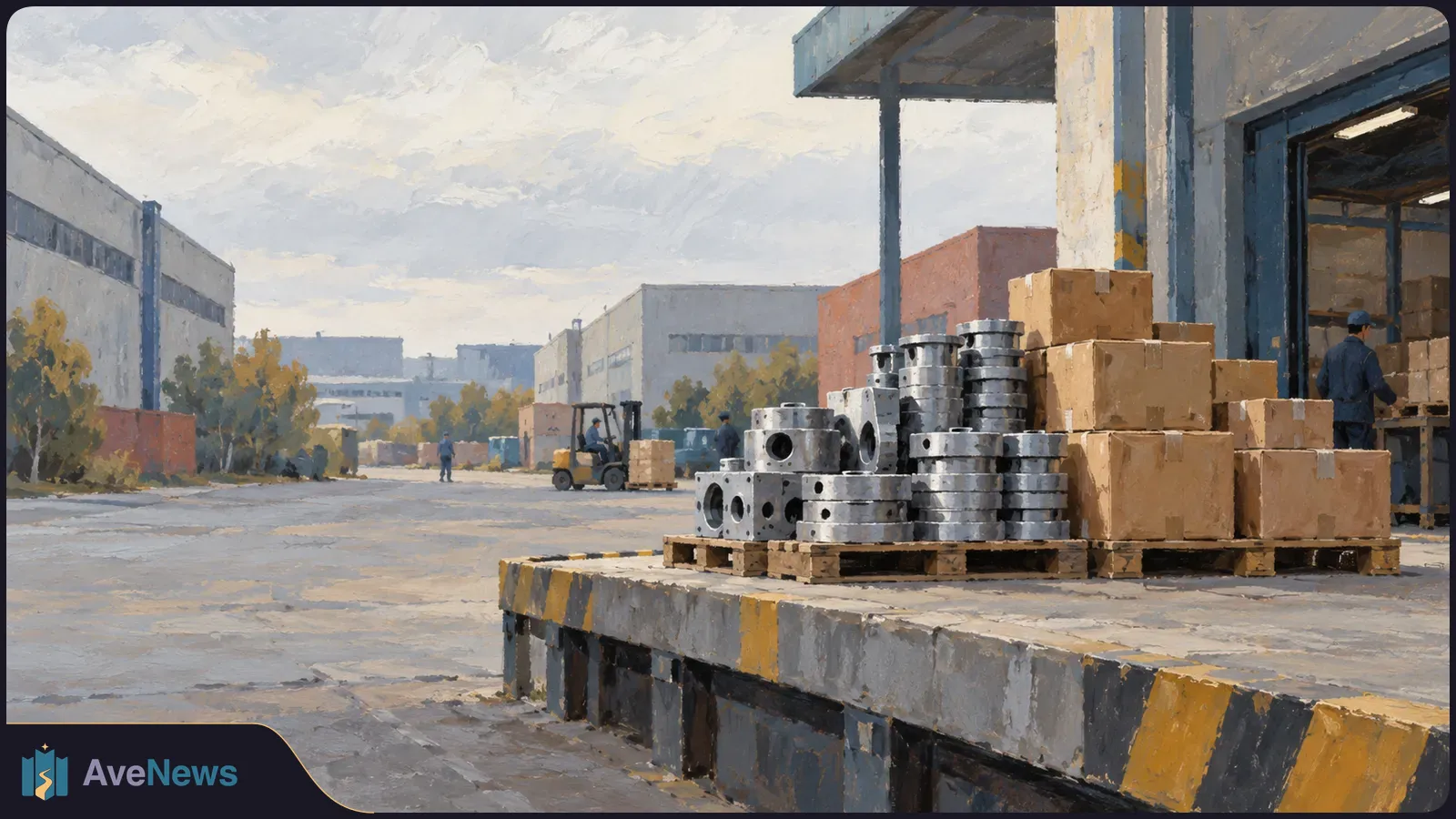 Illustrated industrial loading dock with pallets of cardboard boxes and metal parts. A forklift and several workers are visible in the yard. SI illustration