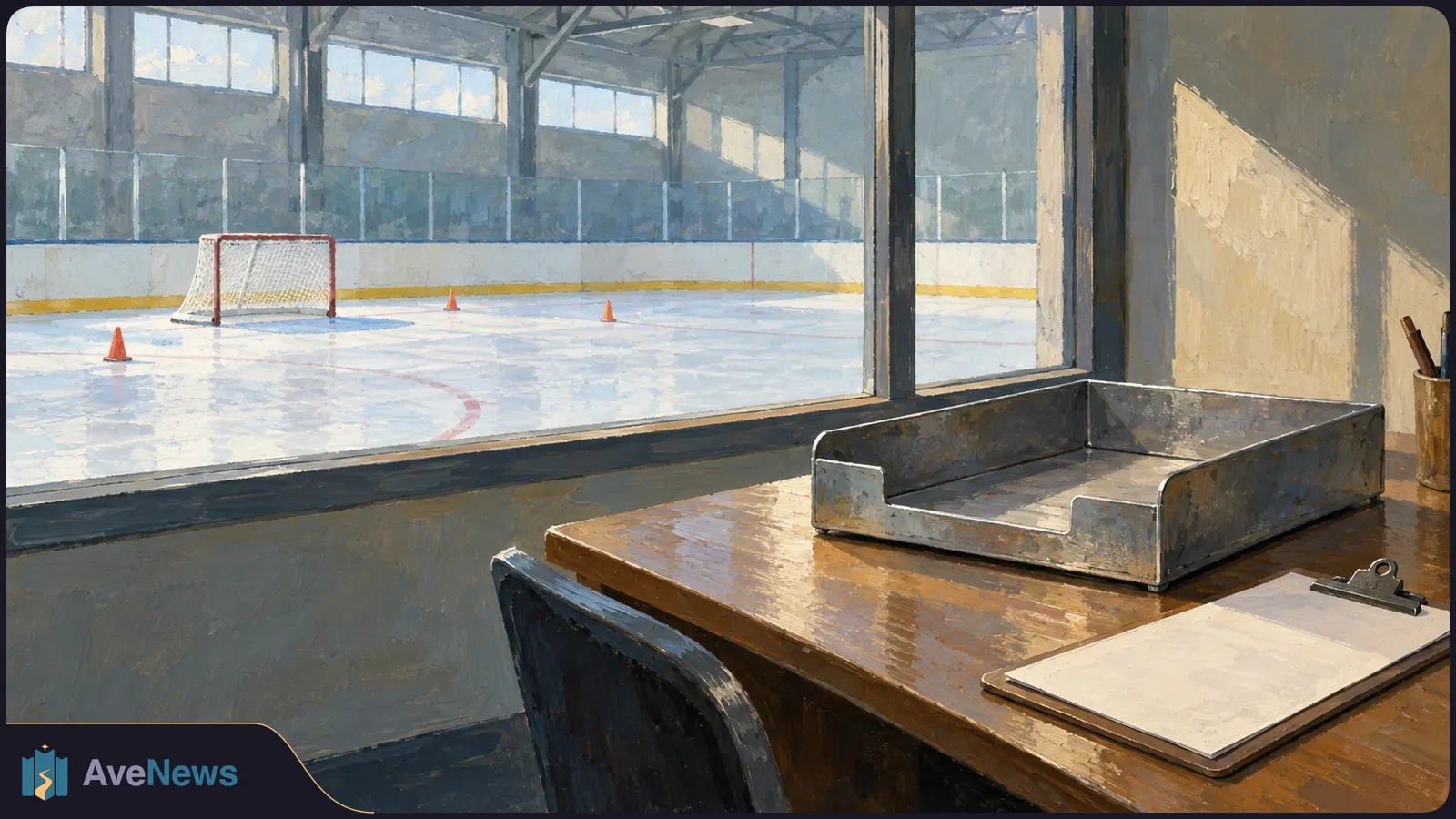 Painted view from a desk through a window onto an empty ice rink with a hockey goal and orange cones; a blank clipboard and empty tray sit in the foreground. SI illustration