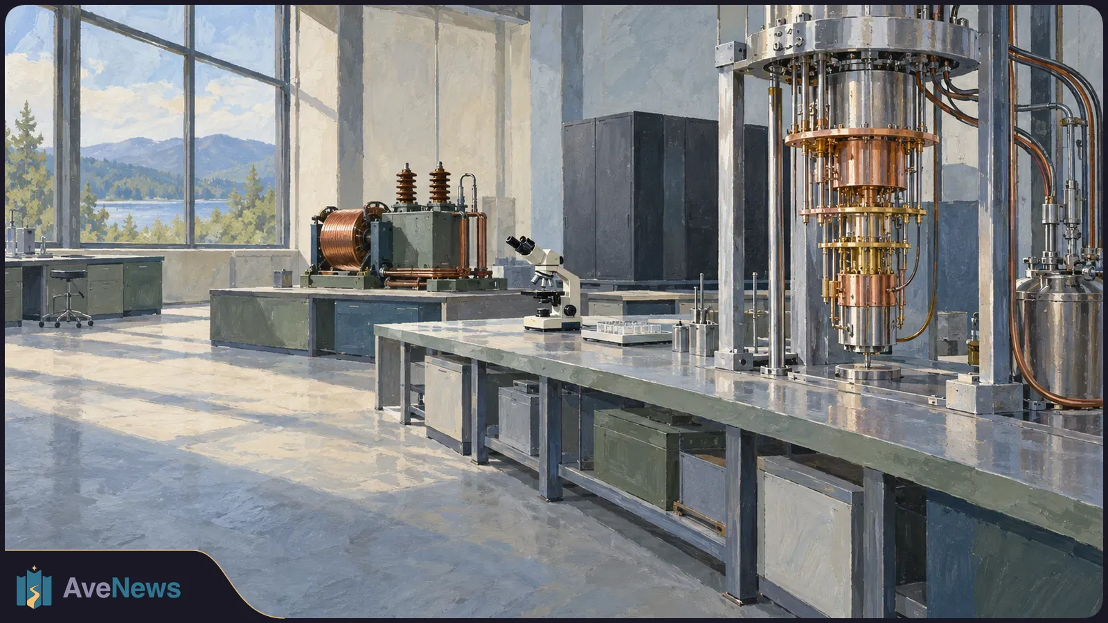 Painted laboratory with a tall copper-and-silver apparatus, a microscope and other equipment on workbenches; large windows overlook trees and mountains. SI illustration