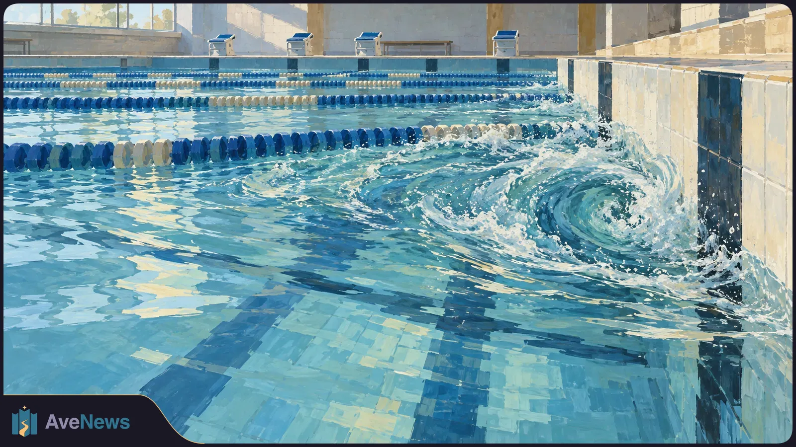 Painterly indoor swimming pool with blue-and-white lane dividers and a large curling splash beside the tiled wall. Starting blocks stand at the far end. SI illustration