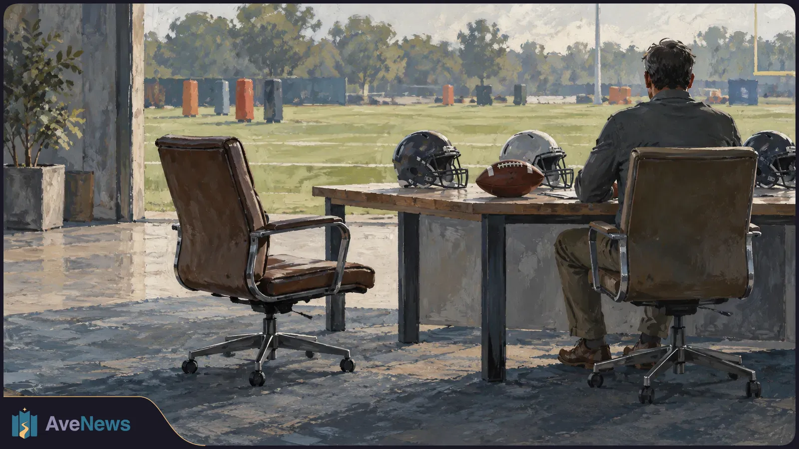 A painted scene of a man seated at a desk facing a football practice field, with helmets and a football on the desk and an empty chair beside him. SI illustration