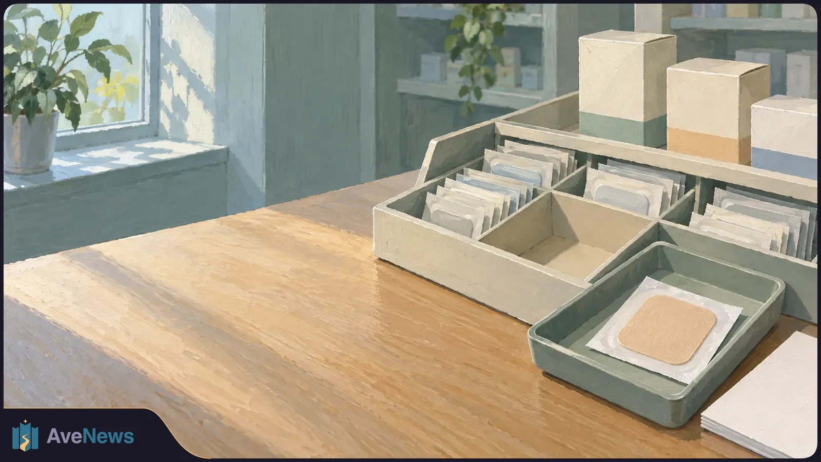 Painted scene of individually wrapped beige patches in a divided tray on a wooden counter, with plain boxes behind and a potted plant by the window. SI illustration