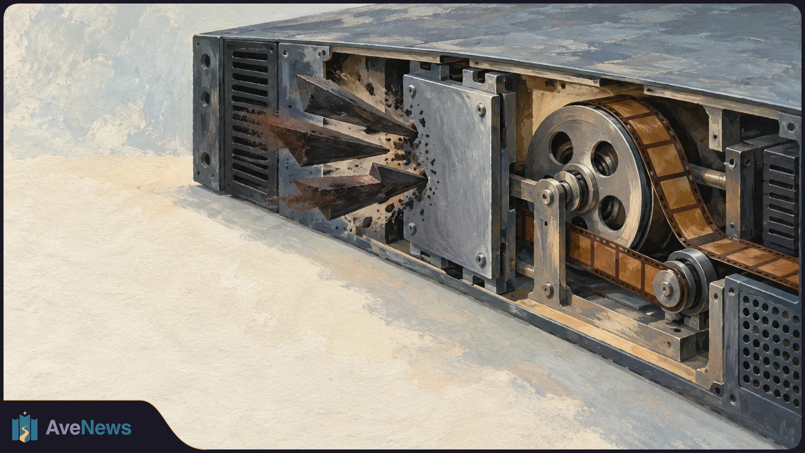 Illustration of an open metal machine with a large wheel, a strip of film, and dark pointed shapes extending into its left side. SI illustration