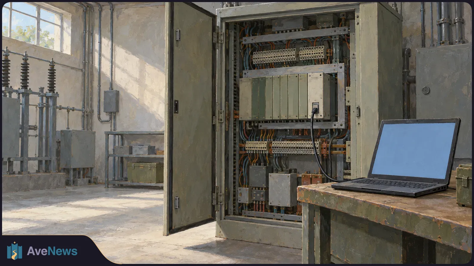 An open electrical control cabinet filled with wiring and modules stands beside a laptop with a blank blue screen, connected by a cable in a sunlit industrial room. SI illustration