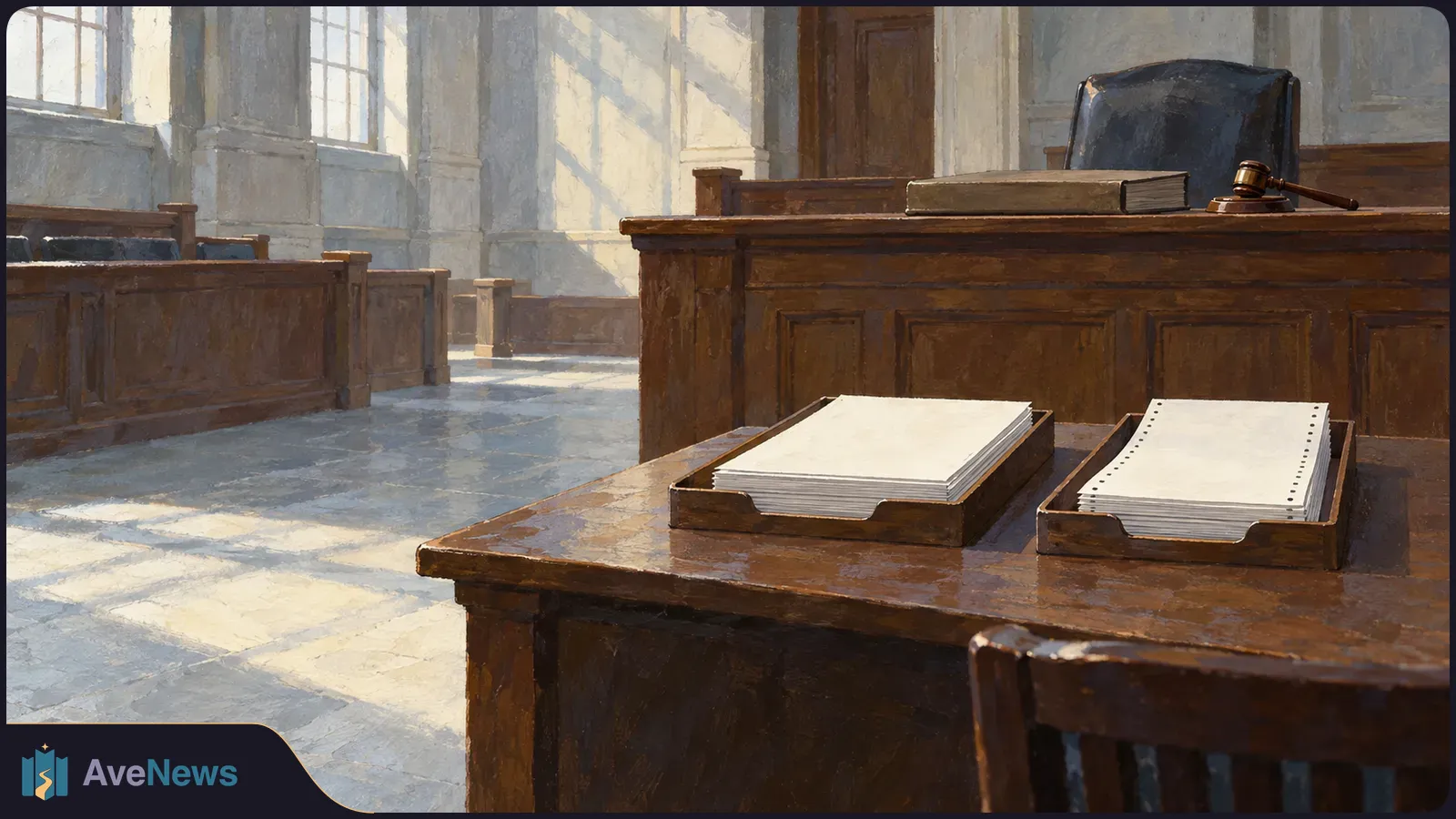 Painted empty courtroom with a wooden judge’s bench, a gavel and a closed book. Two trays of blank paper sit on a table in the foreground. SI illustration