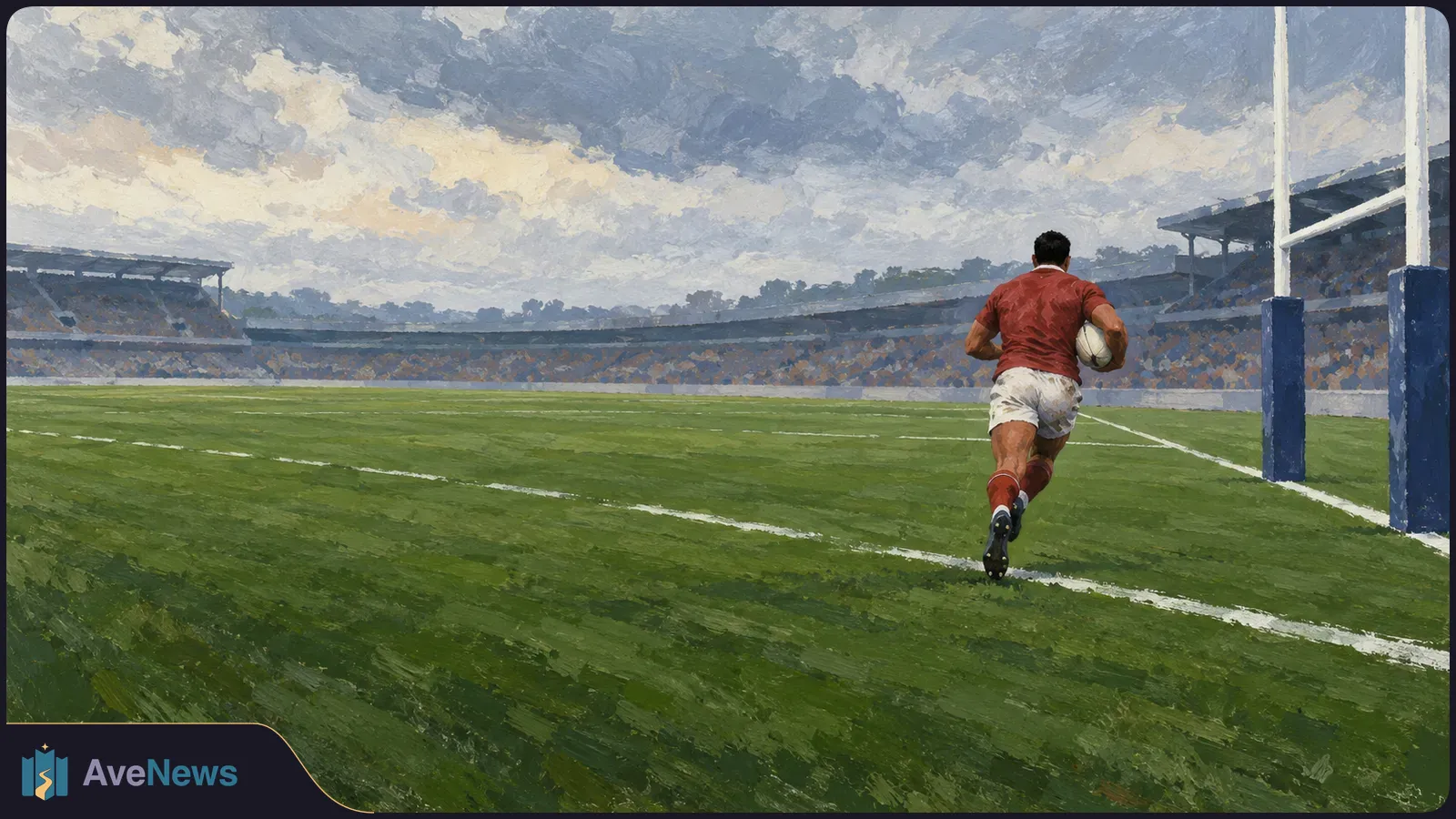 Painted illustration of a rugby player in a red jersey carrying a ball toward the goalposts on a stadium field beneath a cloudy sky. SI illustration