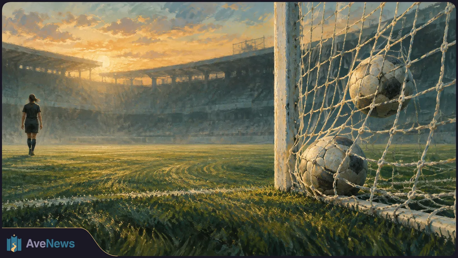 Painterly sunset view of a football stadium: two balls are caught in the goal net in the foreground, while a lone player walks across the pitch. SI illustration