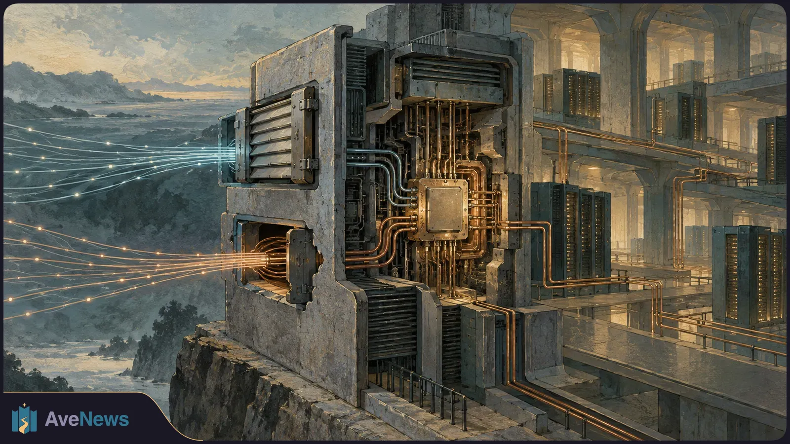 Illustration of a large industrial network device with exposed circuitry beside server racks, as glowing lines stream in from a rocky coast. SI illustration