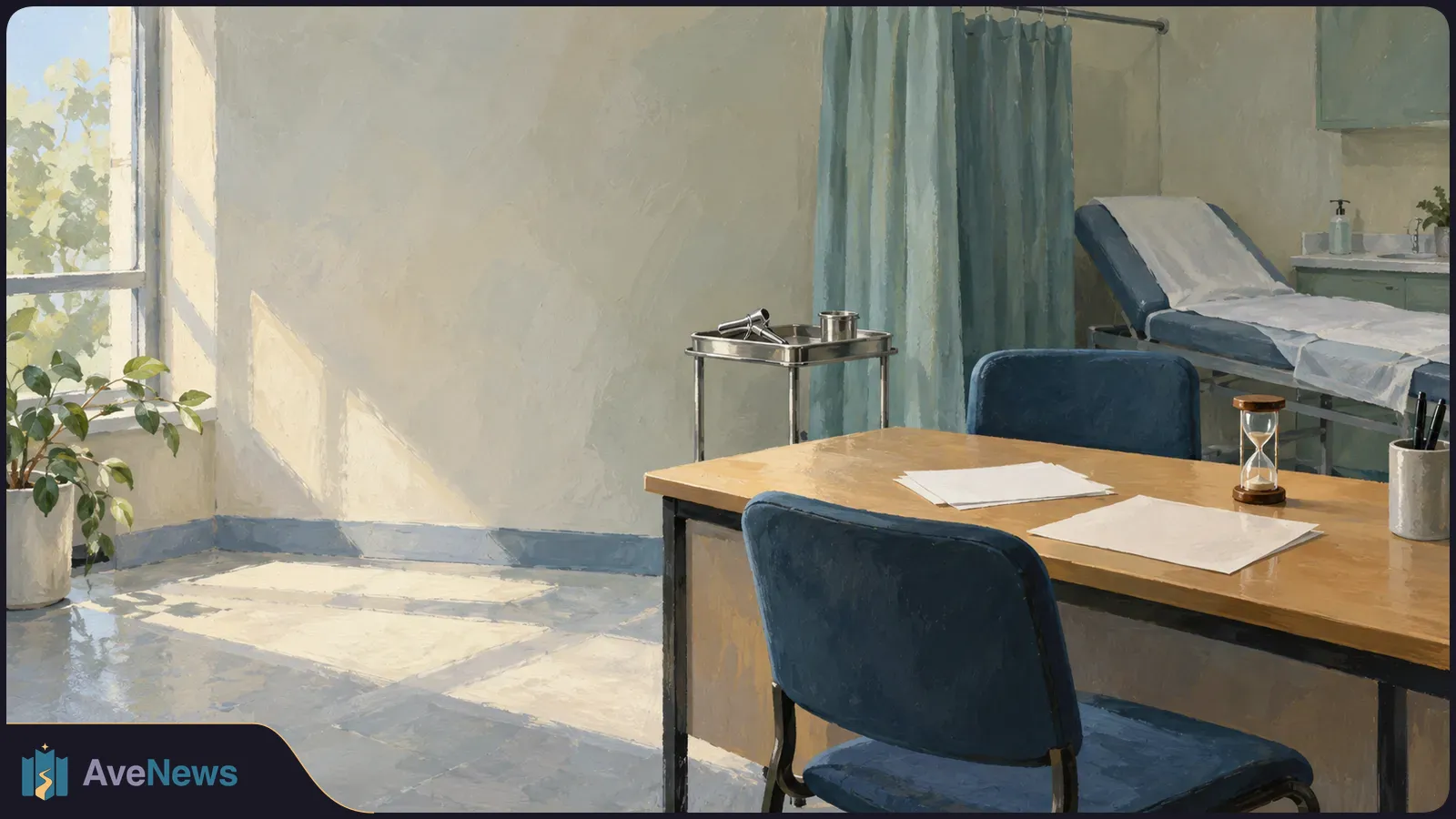 Painted view of an empty clinic room with an hourglass and blank papers on a desk, blue chairs, and an examination couch beside a curtain. SI illustration