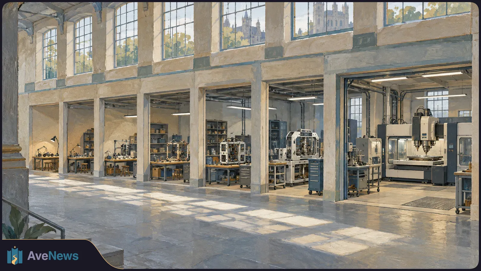 Painted view of a sunlit workshop with tall windows, workbenches, robotic equipment and a large milling machine. Towered buildings are visible outside. SI illustration