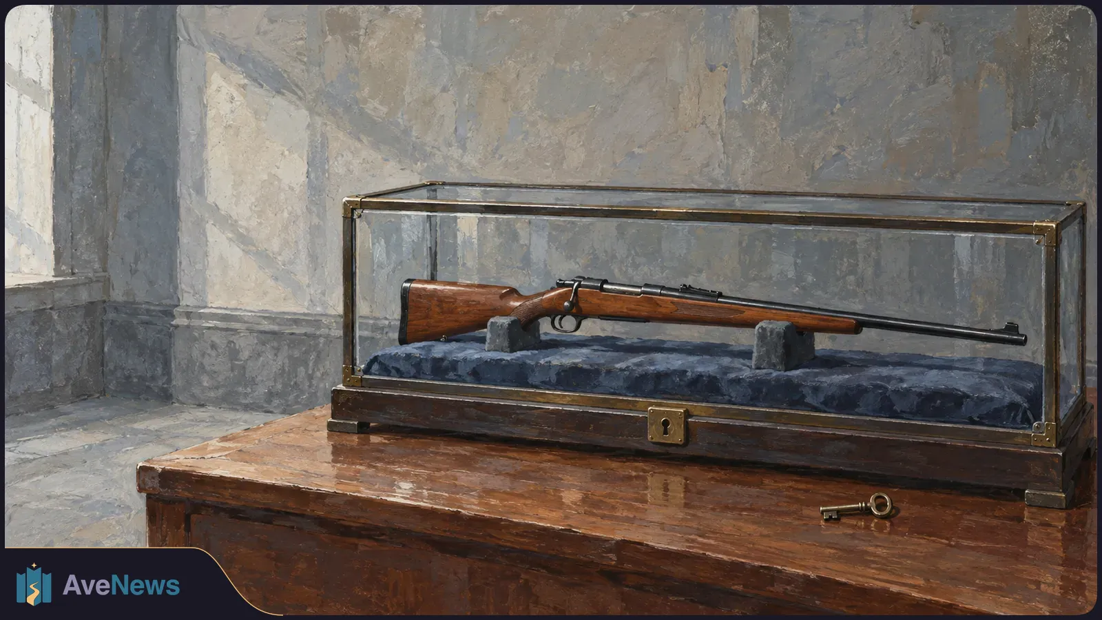 Painted illustration of a rifle resting inside a glass display case on a wooden table, with a key lying beside it. SI illustration