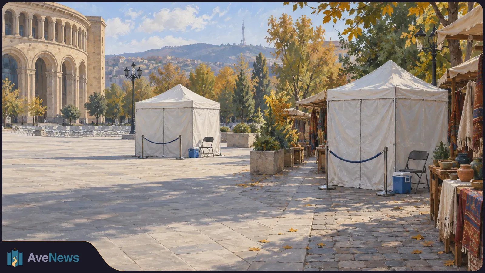 Painterly autumn plaza with two closed white tents, rope barriers and blue coolers; market stalls display textiles beside an arched building. SI illustration