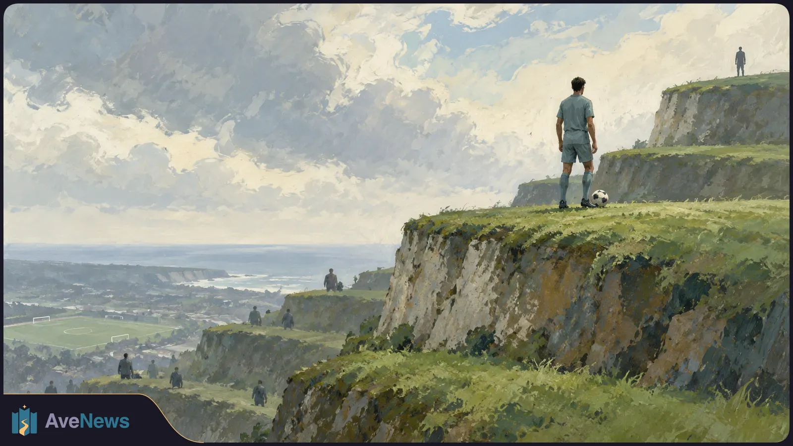 A painted footballer stands beside a ball on a grassy cliff. Small figures dot the lower terraces, with a football pitch, coastline and cloudy sky beyond. SI illustration