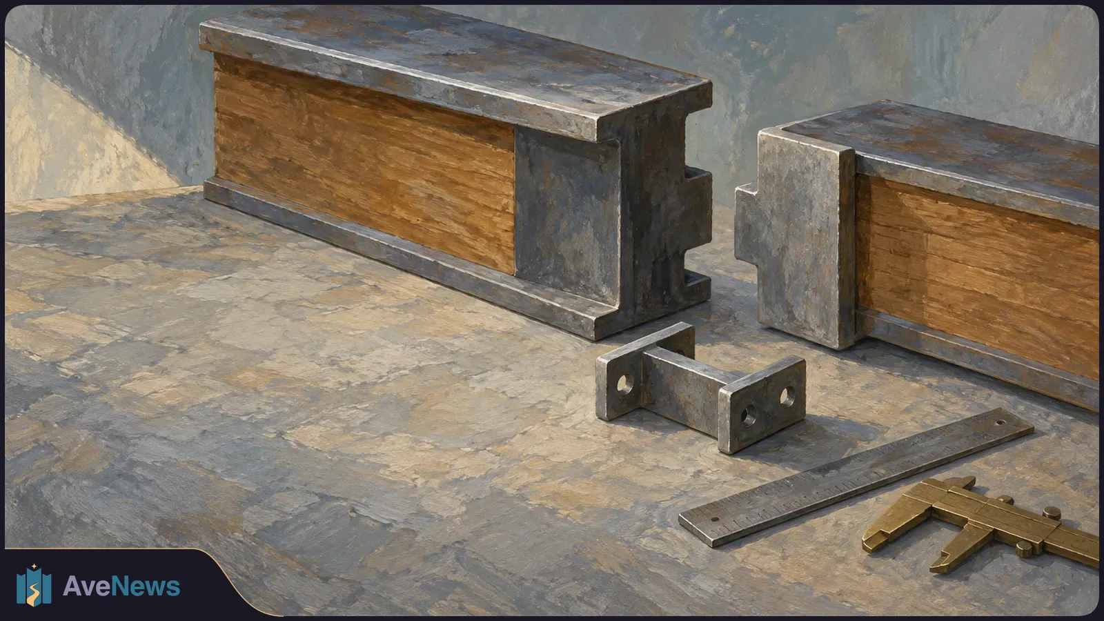 Illustration of two large wood-and-metal pieces facing each other on a workbench, with a metal bracket, ruler and caliper in front. SI illustration