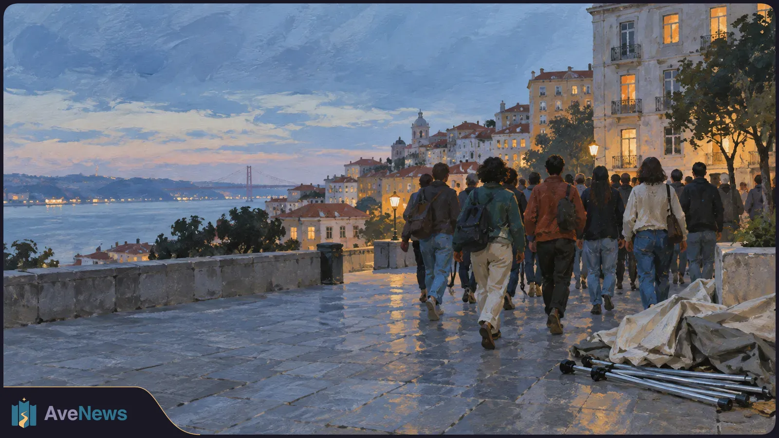 Painterly dusk scene of people walking along a waterfront promenade, with lit buildings, a distant bridge, and folded tarps and poles at the side. SI illustration