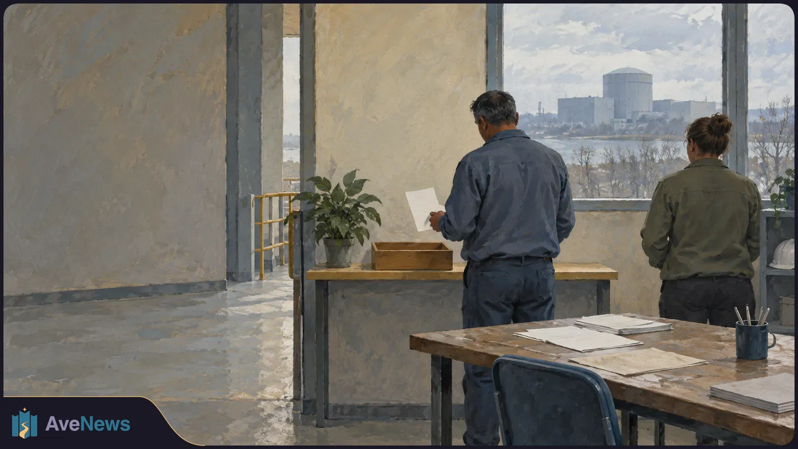 Painted office scene: two people stand by a window overlooking an industrial facility across the water. One holds a sheet of paper; more papers lie on a desk. SI illustration