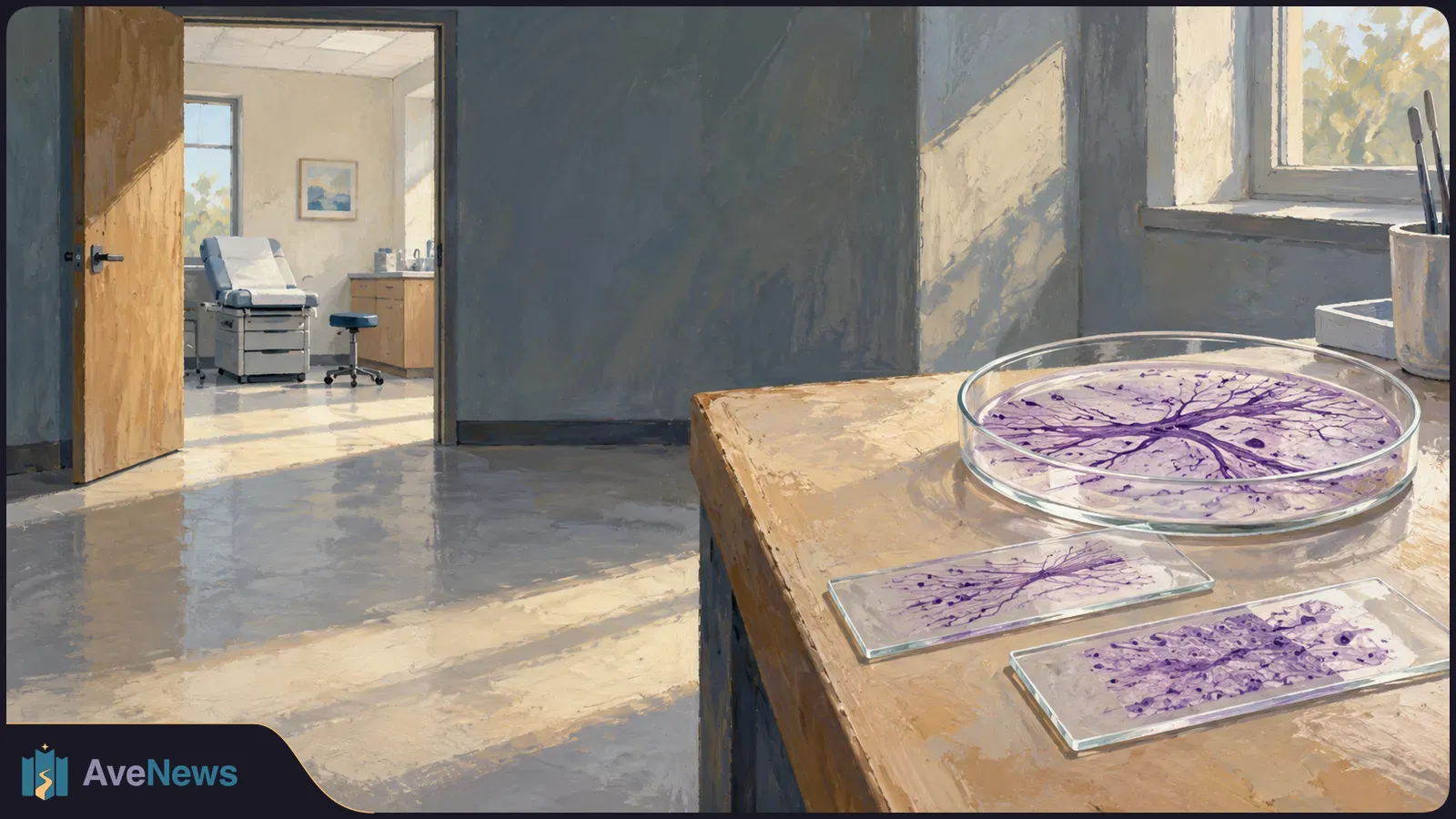 A painted lab bench holds a glass dish and two slides with purple branching patterns. An empty examination chair is visible through an open door. SI illustration