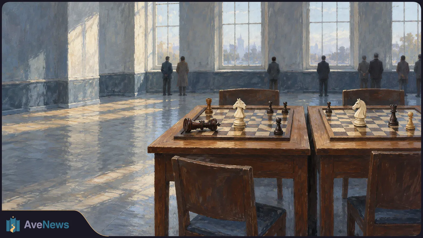 Two chessboards with pieces sit on wooden tables in a sunlit hall. Several people stand by tall windows in the background. SI illustration