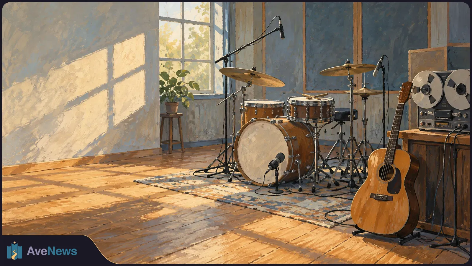 Painted recording room with a drum kit, microphones, an acoustic guitar and a reel-to-reel tape recorder in warm window light. SI illustration