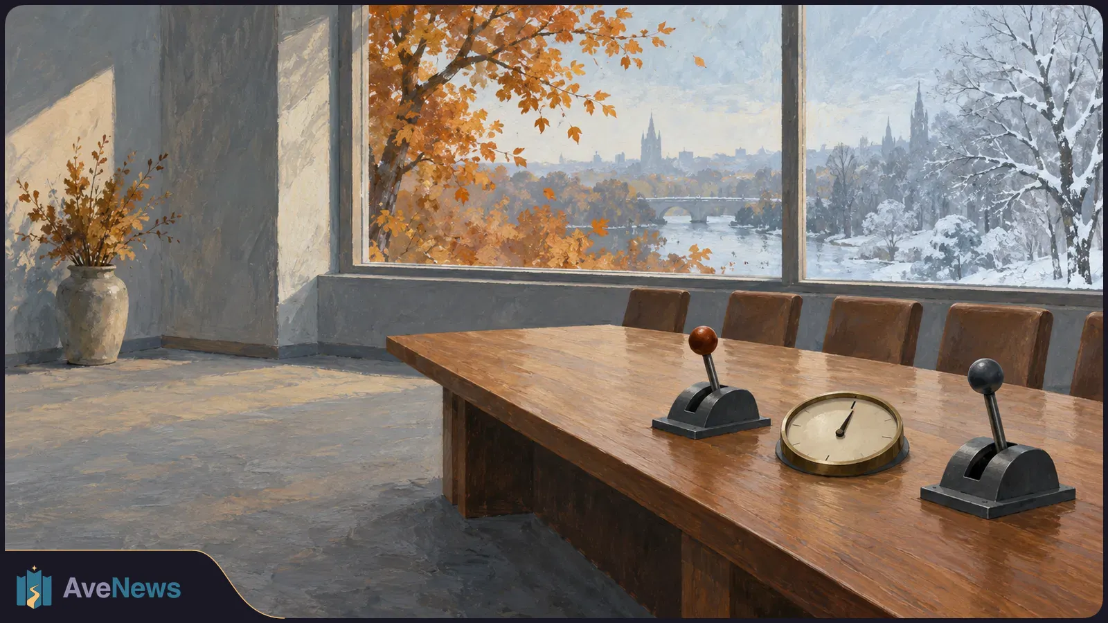 Painted meeting room with two levers and a round dial on a wooden table. Beyond the windows, orange autumn foliage gives way to a snowy landscape. SI illustration