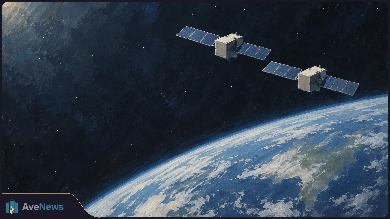 Illustration of two satellites with blue solar panels above the curved Earth against a dark, star-speckled sky. SI illustration