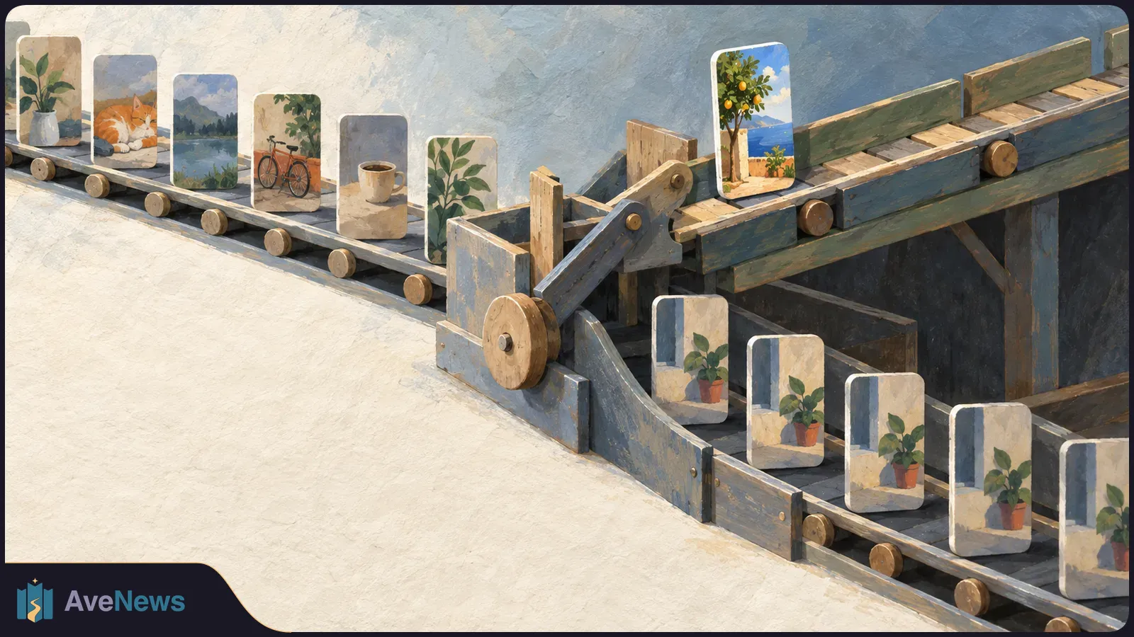 A painted conveyor sorts upright video tiles: varied scenes travel along one belt, while repeated potted-plant tiles travel along another. An orange-tree tile sits on a raised belt. SI illustration