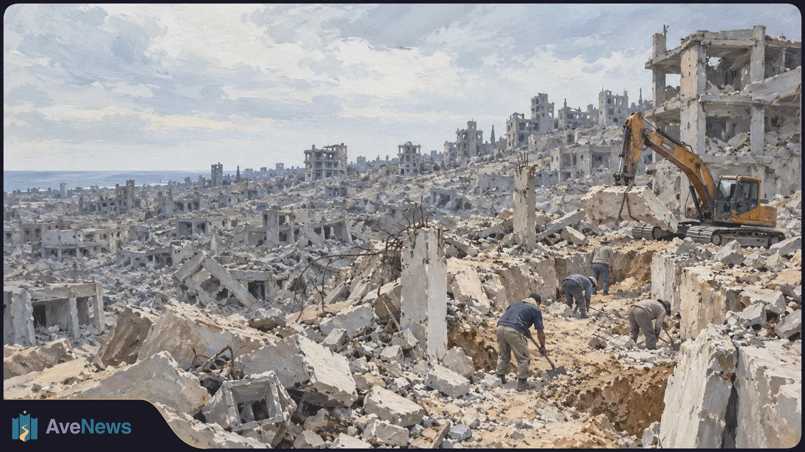 Illustration of four workers digging through rubble beside an excavator, with shattered buildings stretching toward the sea under a cloudy sky. SI illustration