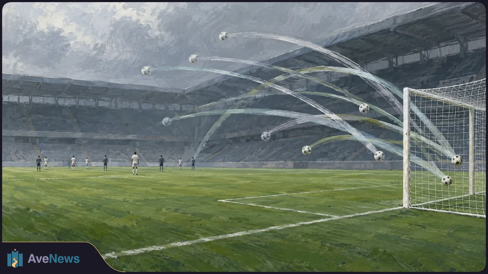 Painterly football stadium with a goal in the foreground, distant players on the pitch, and several balls arcing toward the net under a cloudy sky. SI illustration