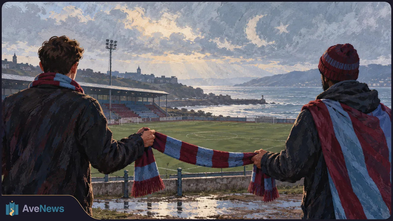 Two supporters seen from behind hold a claret-and-blue scarf above a coastal football pitch; a crescent and star appear in the clouds. SI illustration