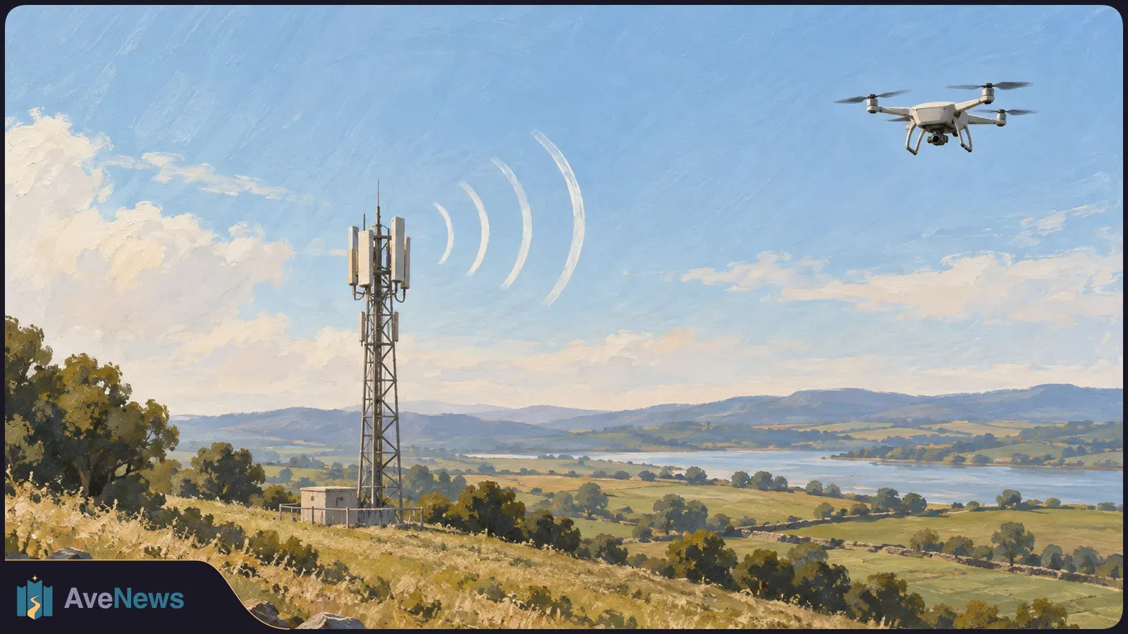 Painted landscape with a drone flying above a cellular tower; curved white lines between them suggest a radio link. SI illustration