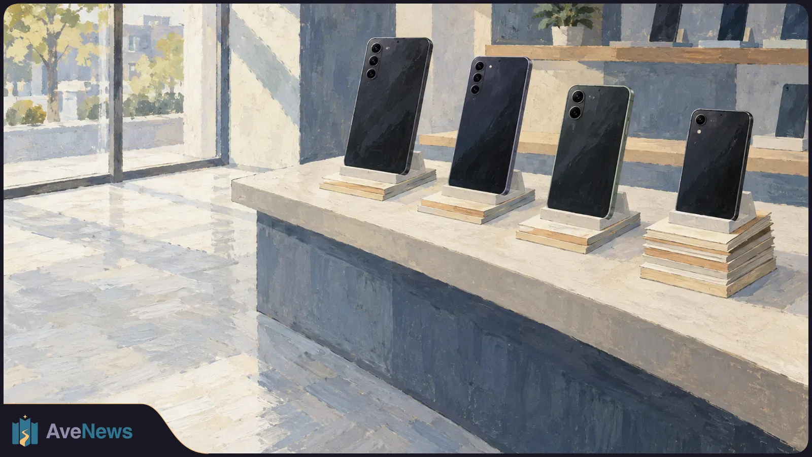 Painterly illustration of four dark smartphones displayed on stacked stands in a bright store, with shelves behind them. SI illustration