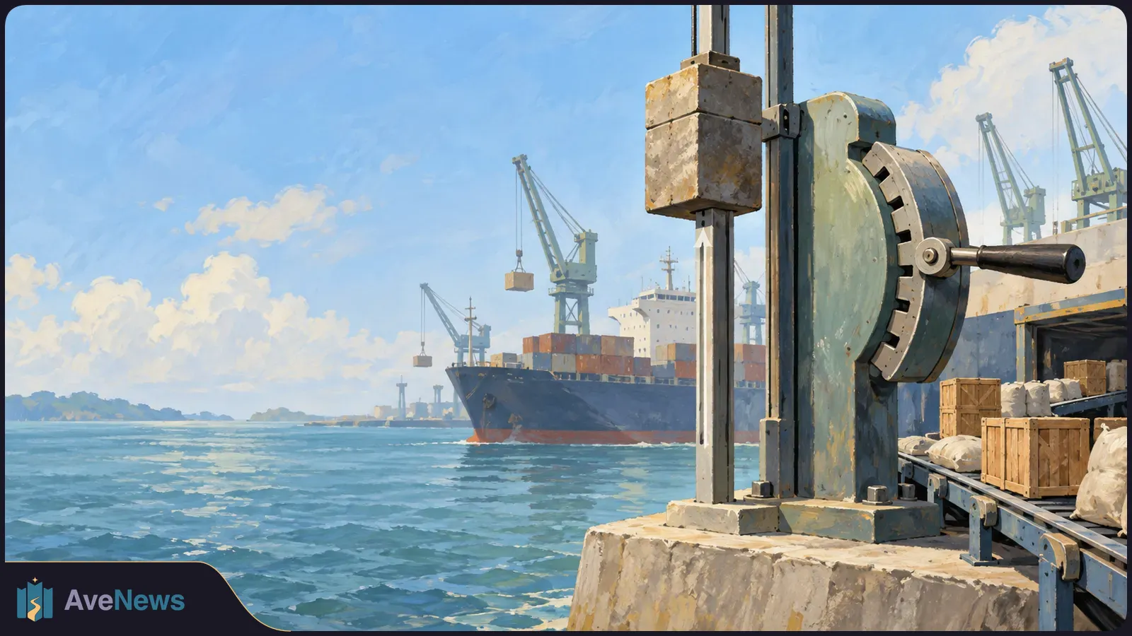 Painted harbor scene with a large dockside winch, crates and sacks in the foreground, and a container ship and cranes across the water. SI illustration