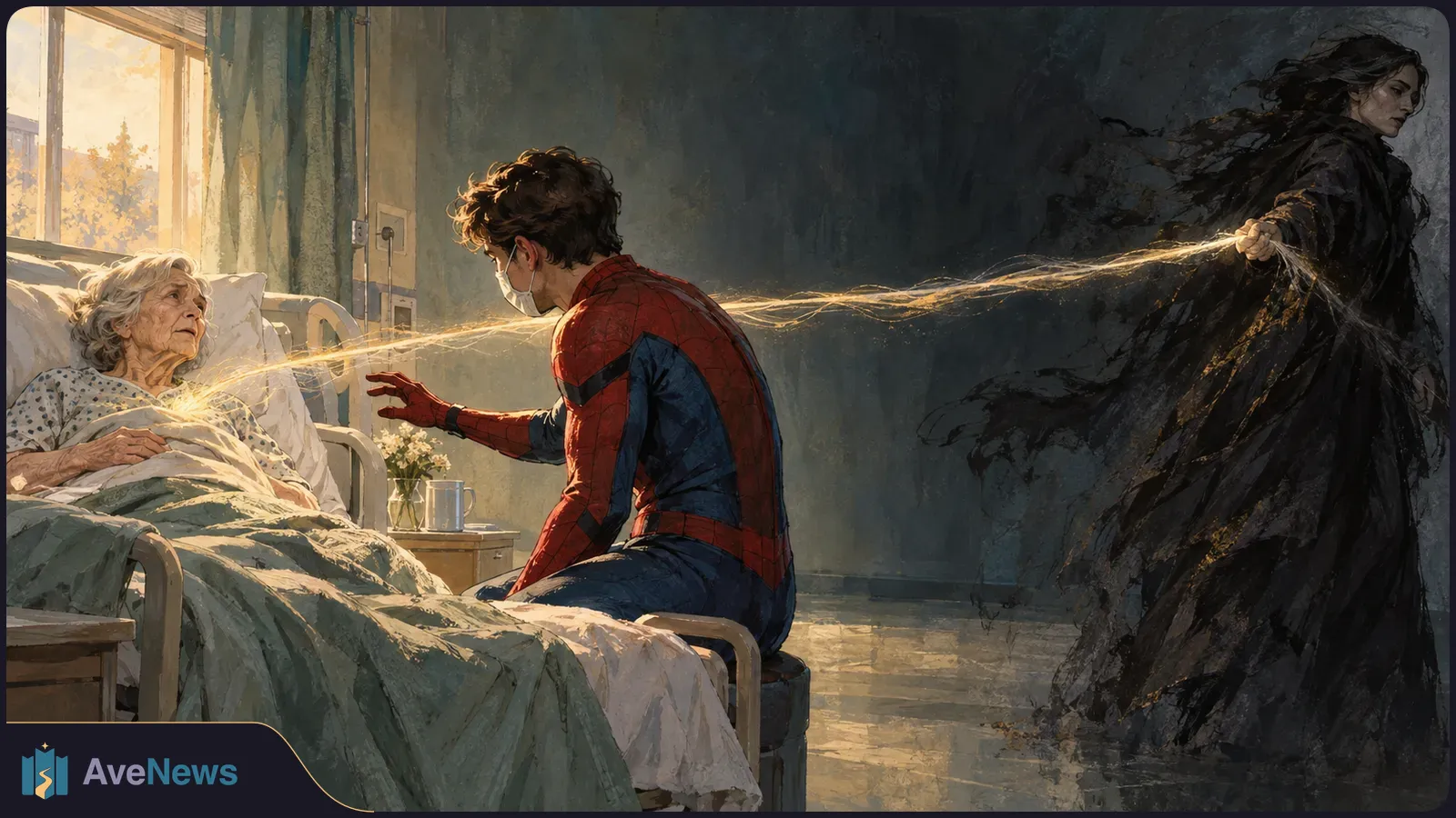 A man in a red-and-blue webbed suit and medical mask sits beside an elderly woman in a hospital bed as a dark cloaked figure pulls a glowing strand across the room. SI illustration