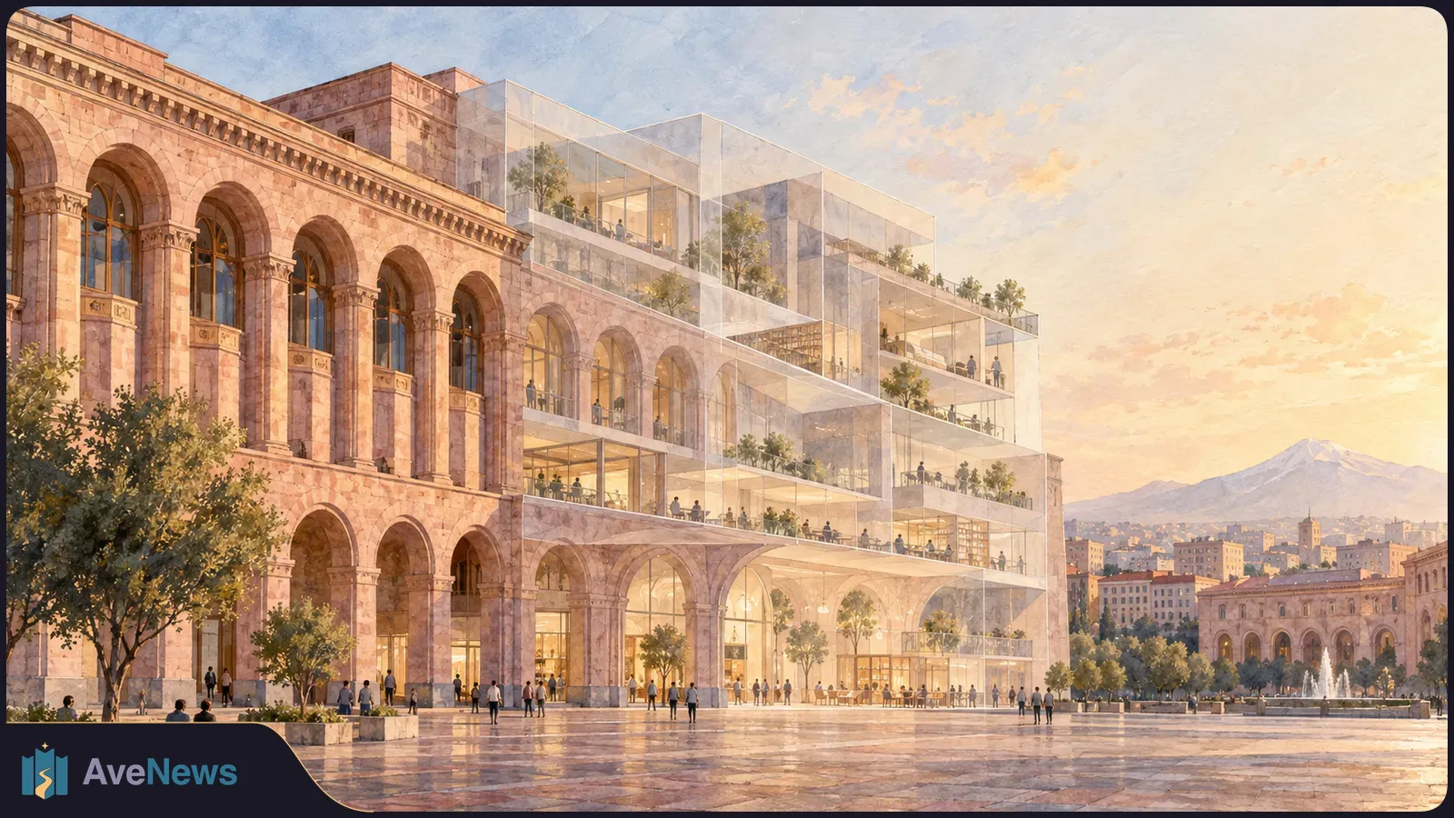 Architectural illustration of a glass addition rising beside a pink-stone arched building, with people in a broad plaza and a mountain in the distance. SI illustration