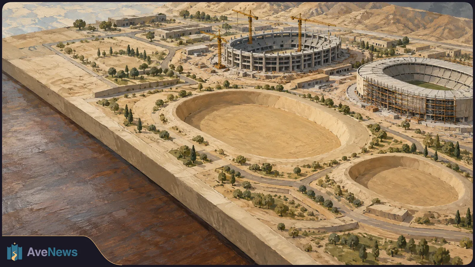 Painted aerial view of two stadiums, cranes and scaffolding, with two empty oval excavations among roads and sparse trees in a desert landscape. SI illustration