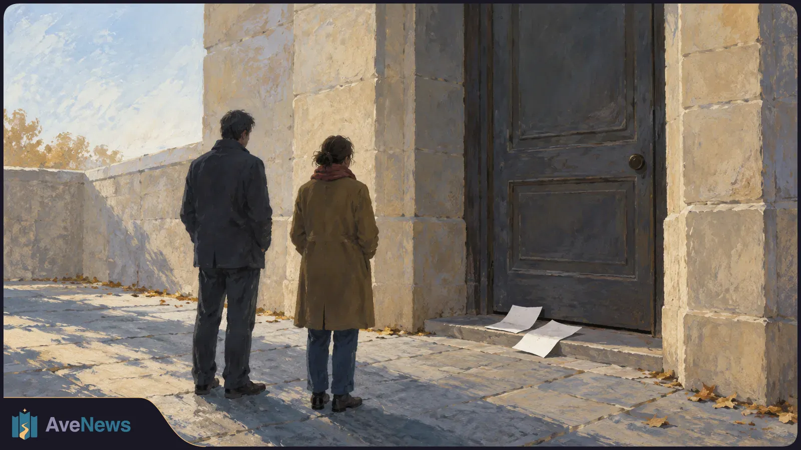 Painting of two people seen from behind facing a large dark door in a stone building, with two sheets of paper on the doorstep. SI illustration