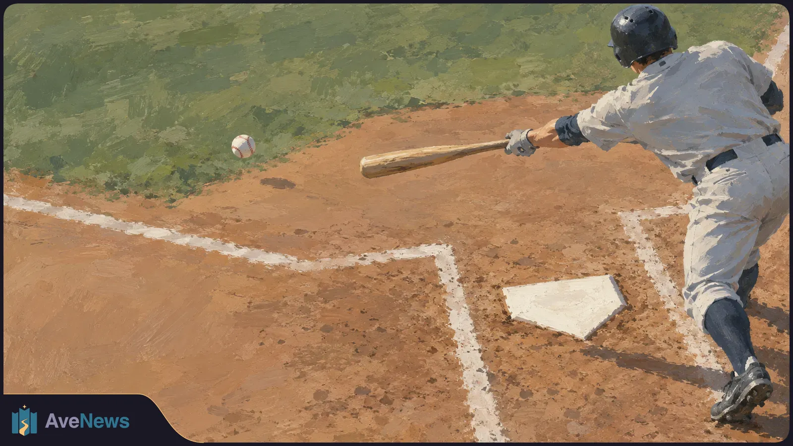 Painterly view of a helmeted baseball batter swinging at a ball well away from home plate. SI illustration