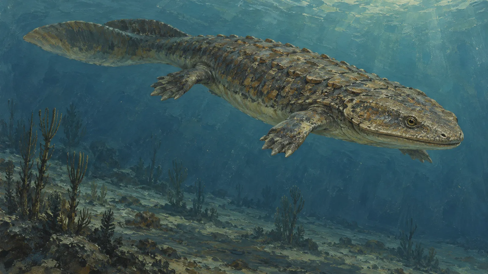 An illustration of a broad-headed, armored amphibian swimming underwater above a rocky seabed with sparse plants. SI illustration