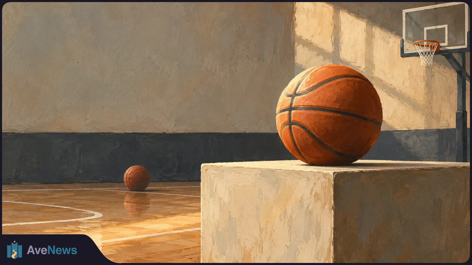 Illustration of an indoor basketball court with a large ball on a low block in the foreground, another ball on the polished floor, and a hoop in the background. SI illustration