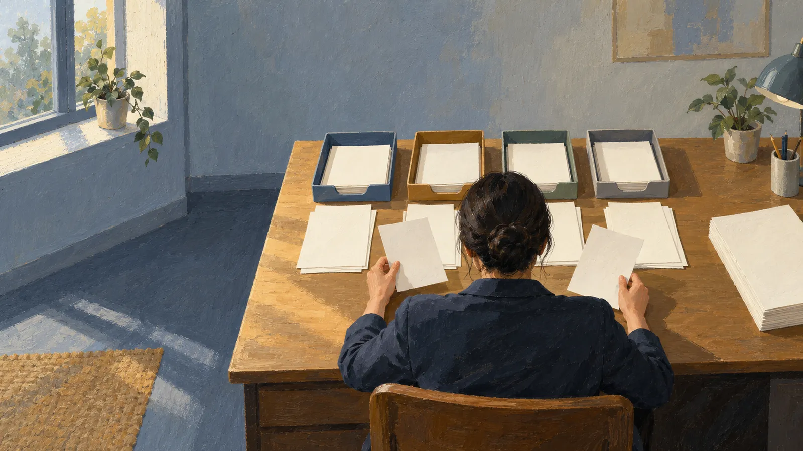 A painted illustration of a person seen from behind at a wooden desk, holding two sheets of paper. Four trays and stacks of blank paper sit in the sunlight. SI illustration