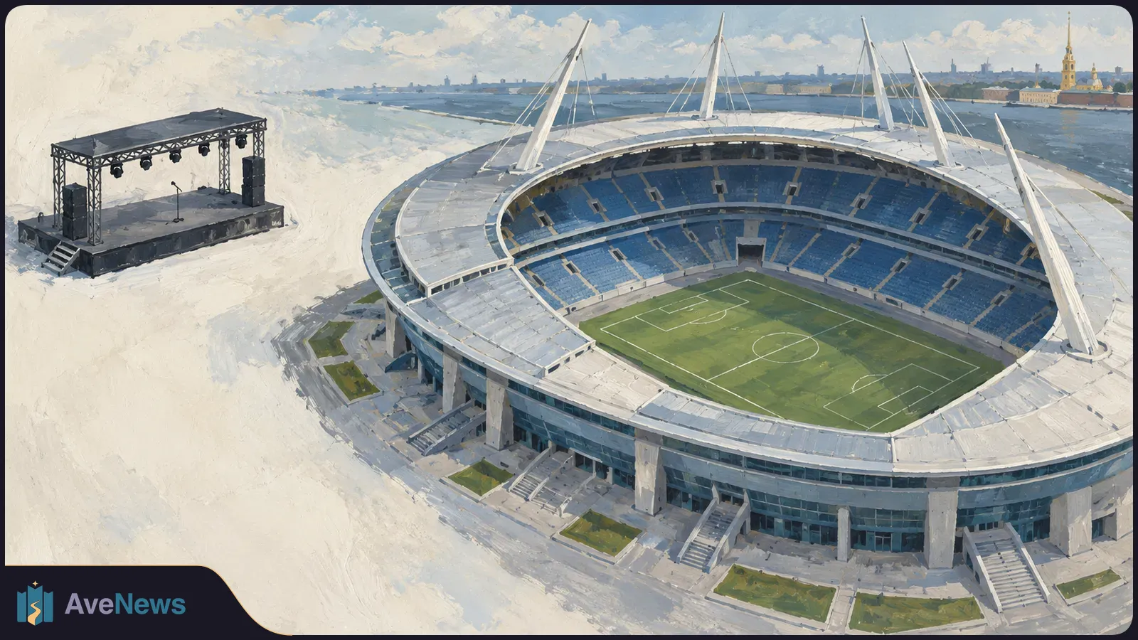 Painted aerial view of an empty football stadium beside a concert stage, with a river and city skyline behind them. SI illustration