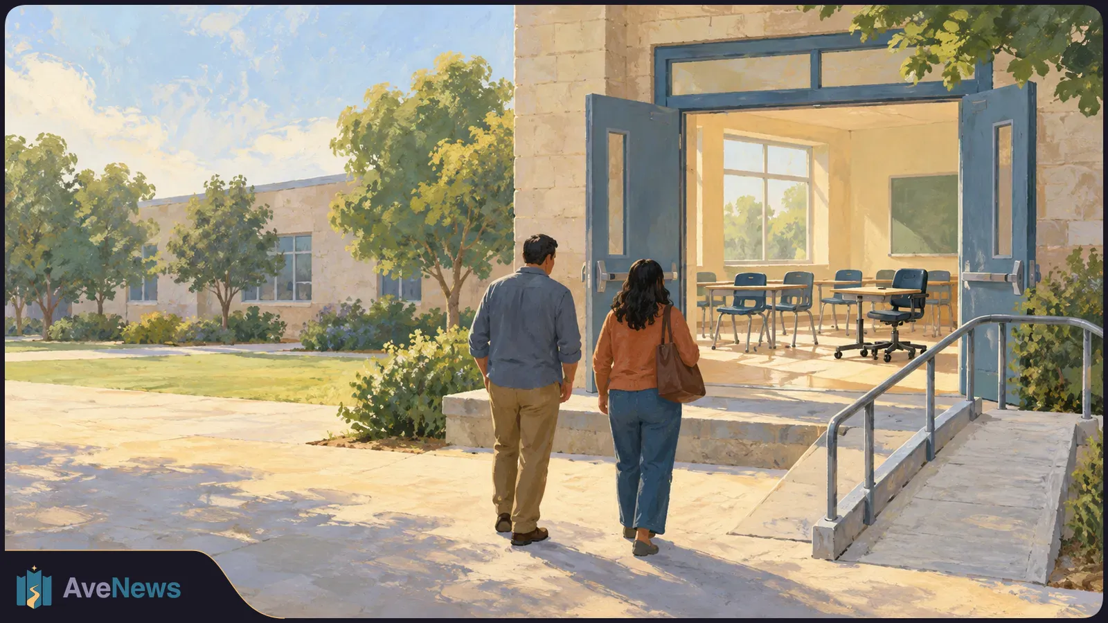 Illustration of two people walking toward open blue doors of a stone building. Desks and chairs are visible inside, with trees and a ramp outside. SI illustration