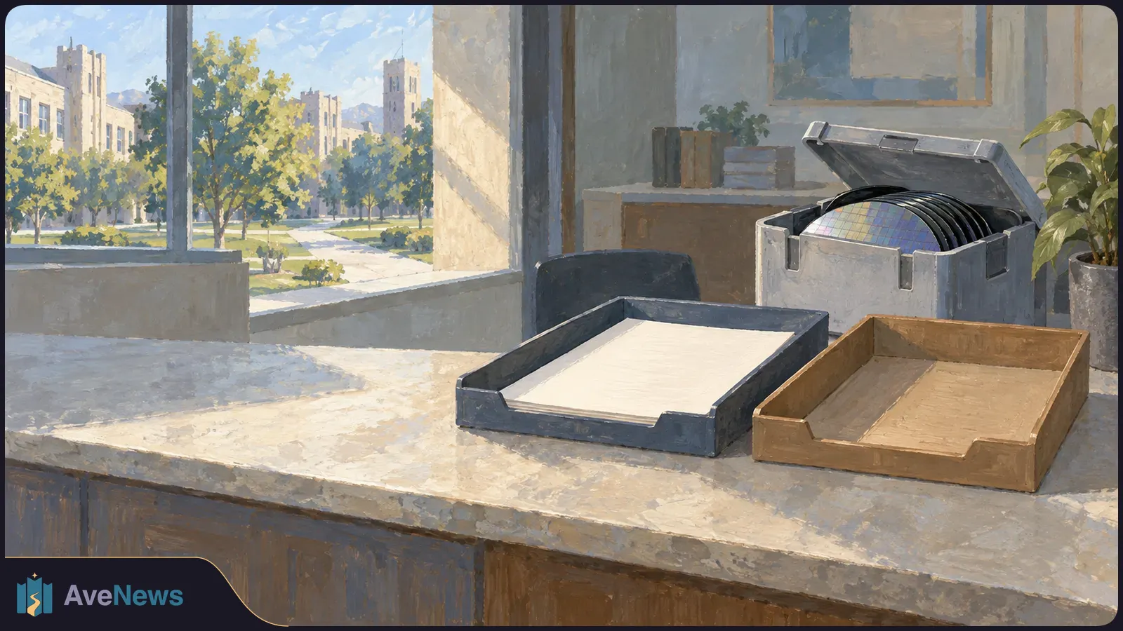 Painterly view of two desk trays, one holding a blank sheet, beside an open case of semiconductor wafers. Sunlit buildings and trees are visible through a window. SI illustration