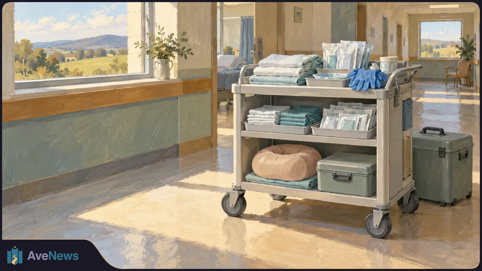 Illustration of a hospital hallway with a wheeled cart holding folded linens, gloves, packaged supplies and a cushion beside large windows overlooking fields. SI illustration