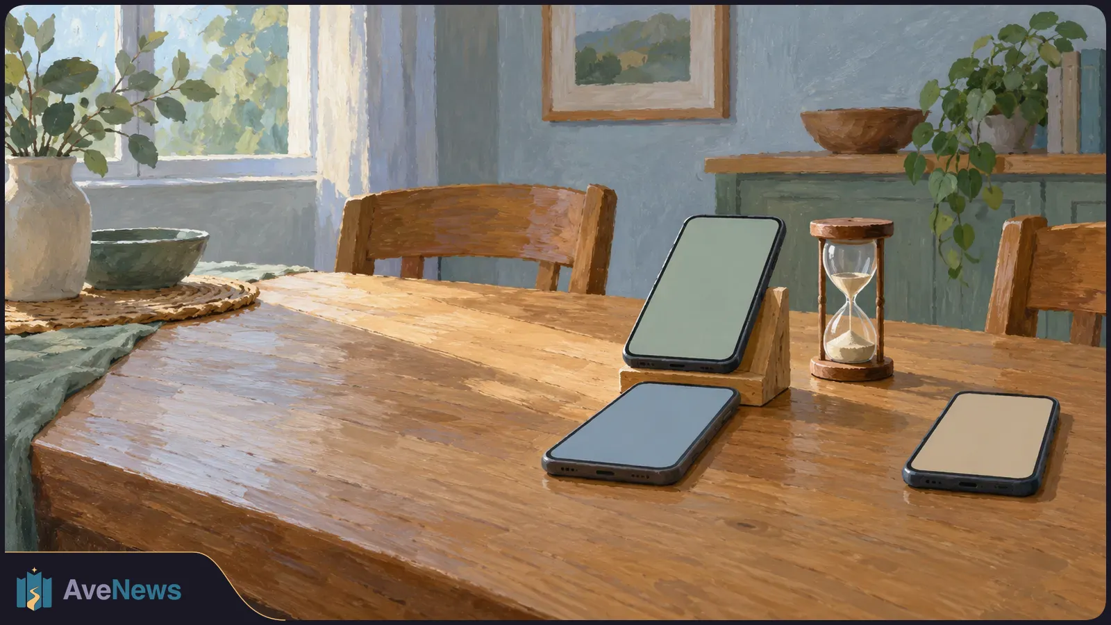 Painterly room with three blank-screen smartphones on a wooden table, one propped upright beside an hourglass. A vase, bowl, plants and window are in the background. SI illustration
