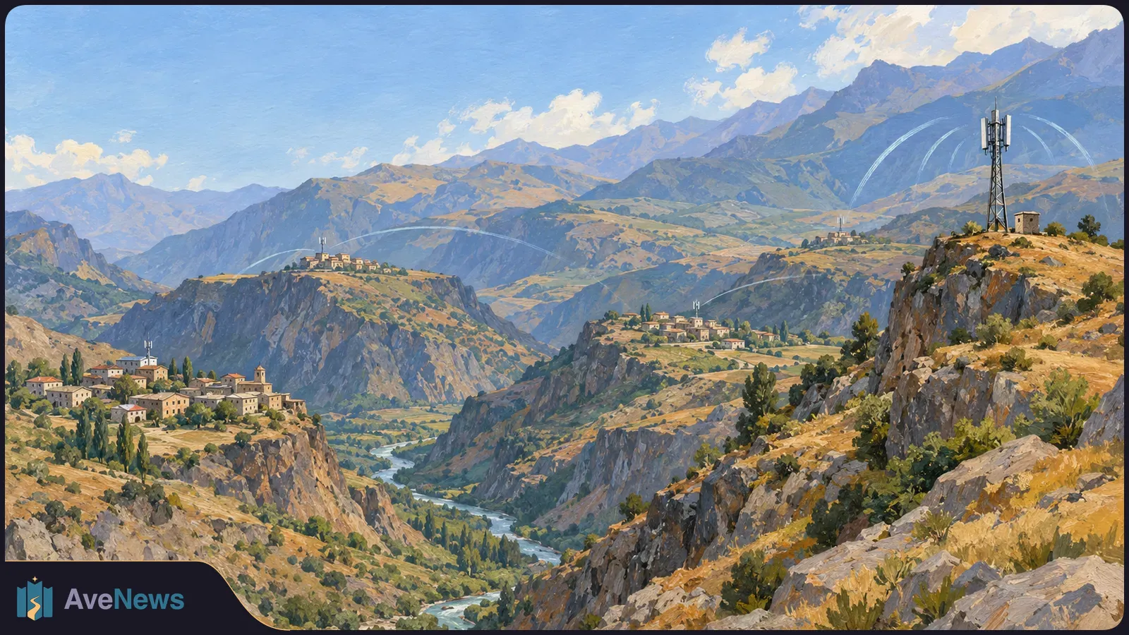 Painted mountain valley with villages on rocky hills, a winding river, cell towers and pale arcs suggesting wireless signals. SI illustration